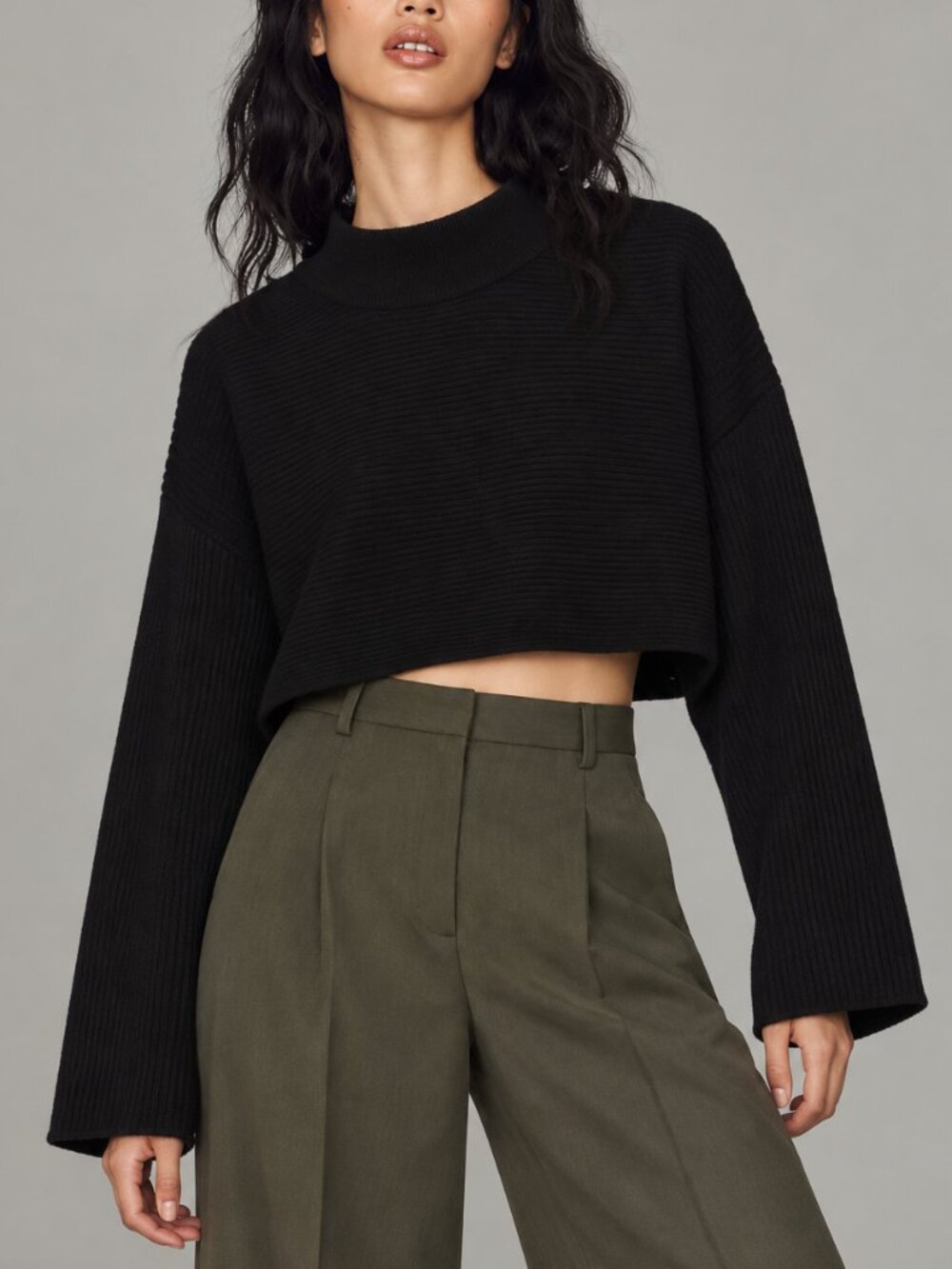 Just Female Anthropologie Era Short Knit Mock Neck Wool Sweater Black Medium